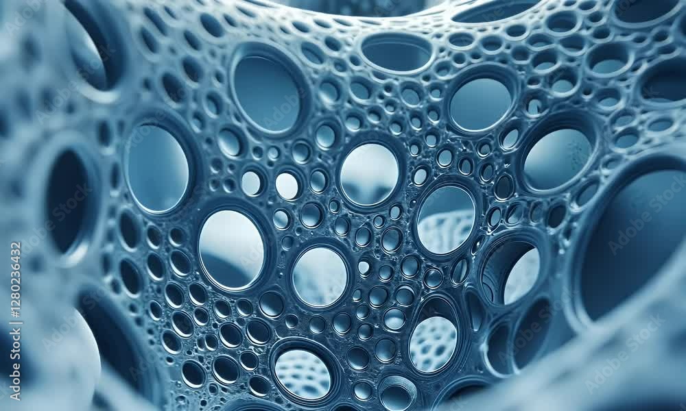Intricate blue abstract structure resembling a network of interconnected cells and voids Intricate blue abstract structure resembling a network of interconnected cells and voids