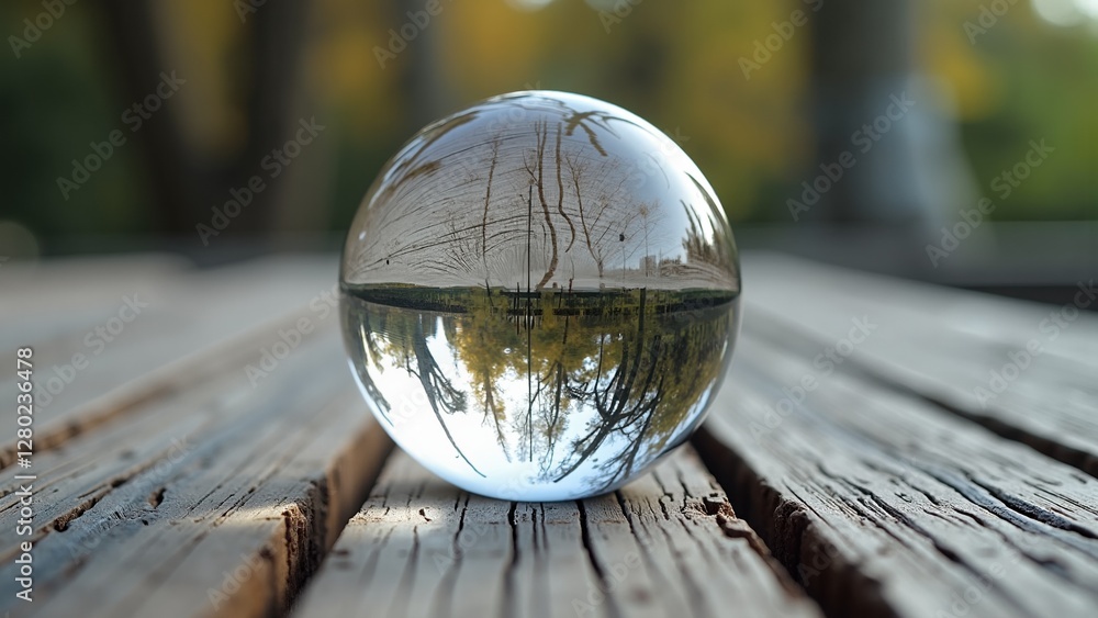 A crystal ball placed on a weathered wooden surface, capturing an inverted reflection of trees and a serene autumn landscape. A crystal ball placed on a weathered wooden surface, capturing an inverted reflection of trees and a serene autumn landscape.
