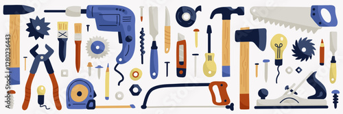 Construction tools for home repairs. Mechanic tools cartoon doodle set isolated on white background. Hammer, drill, screwdriver, hacksaw, chisel, light bulb. Vector illustration
