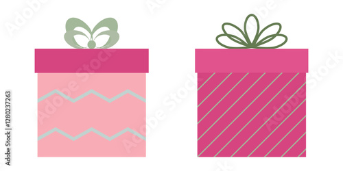 Pink Green Gift Box And Ribbon With Zig Zag Or Line Pattern