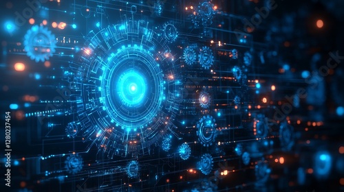 A realistic line art illustration featuring gears on a blue background, symbolizing mechanical engineering, innovation, and technology with precise and intricate design details.