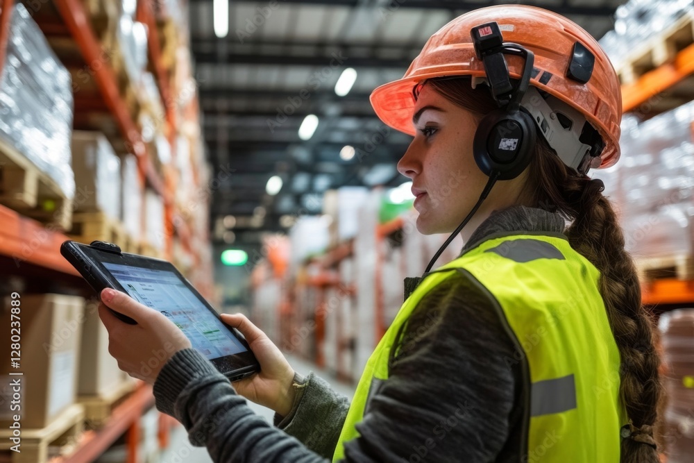 female worker with walkie-talkie and tablet in warehouse female worker with walkie-talkie and tablet in warehouse