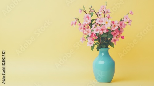 Wallpaper Mural Photo of a blue vase with pink flowers on a light yellow background Torontodigital.ca