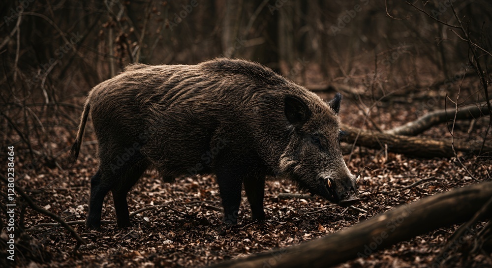 Wild Boar Foraging in Forest Undergrowth on an Autumn Day Wild Boar Foraging in Forest Undergrowth on an Autumn Day