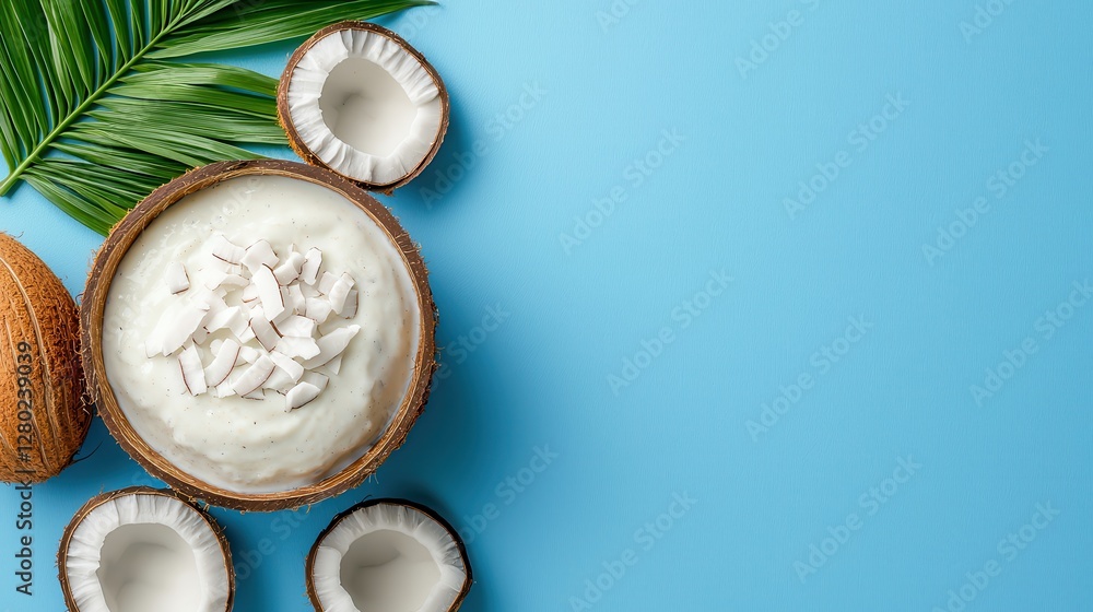 Organic coconut dessert delight. Coconut cream in a bowl with fresh coconuts and green leaves on blue background. Organic coconut dessert delight. Coconut cream in a bowl with fresh coconuts and green leaves on blue background.