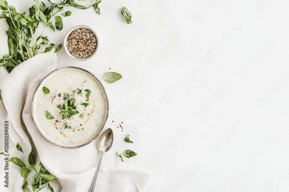 Bowl of creamy quinoa soup with fresh herbs and space for text Bowl of creamy quinoa soup with fresh herbs and space for text