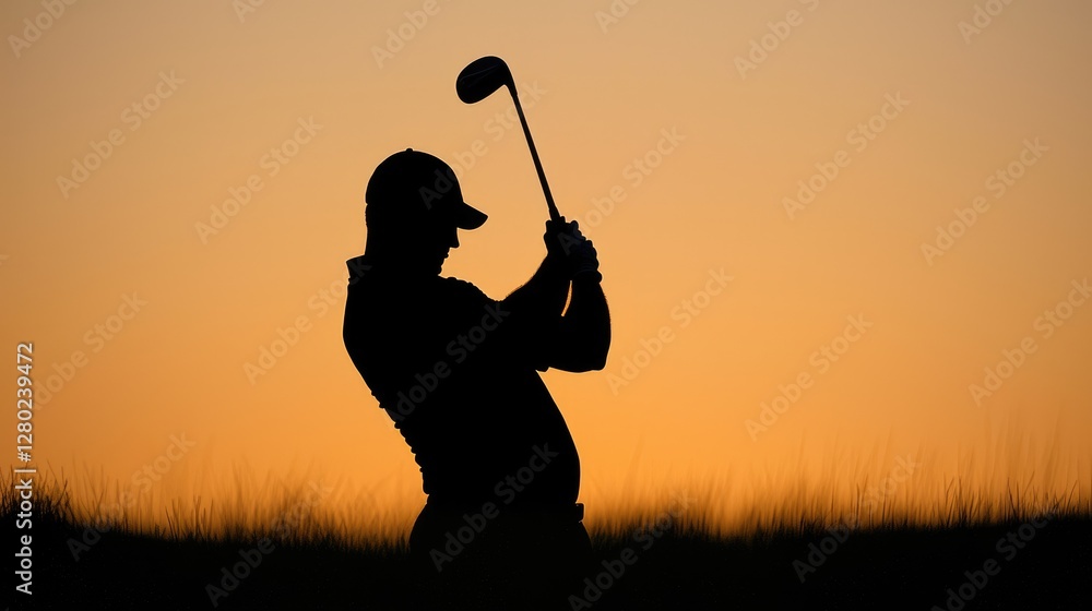 Golfer silhouette at sunset over field Golfer silhouette at sunset over field