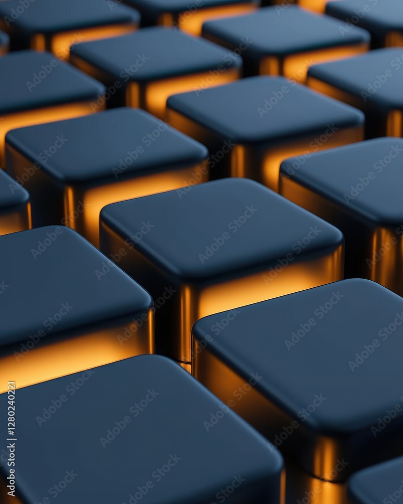 Fototapeta premium A close-up view of illuminated, glossy cubes arranged in a grid pattern, showcasing a modern and captivating design with a warm glow.
