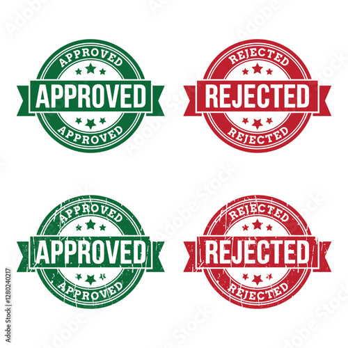 Approved and Rejected Rubber Stamp Vector – Green and Red Certification Badge, Denial Seal with Ribbon, Verified and Declined Label for Documents