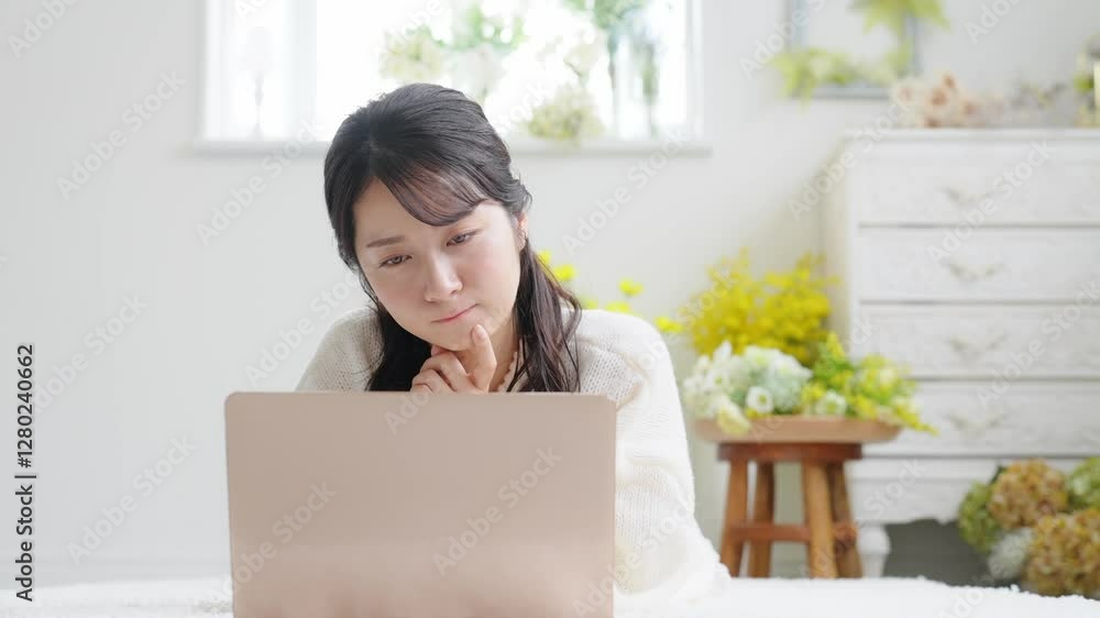 ノートパソコン、PC、悩む、悩み、女性、考える、疑問、不満、不安、心配、寝る、寝転ぶ、リラックス、室内、部屋、日本人、若い、20代、困る、憂鬱、ニュース、フェイクニュース、記事、web、インターネット、オンライン、DX、仕事、相談、カジュアル、インテリア、動画、検討、想像、コピースペース、おしゃれ、イライラ、見上げる、かわいい、美人、美容、スキンケア、買い物、ネットショッピング、迷う、難しい、スロ