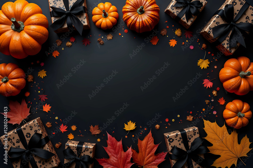 Obraz premium Infusing Halloween with happiness through thoughtful gifts. Top view of gift boxes with black ribbons, pumpkins, autumn leaves, scary elements, confetti on black background with promo spot