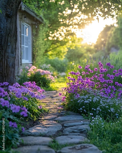 Sunlit Garden Path, Blossoming Flowers, Cottage, Summer