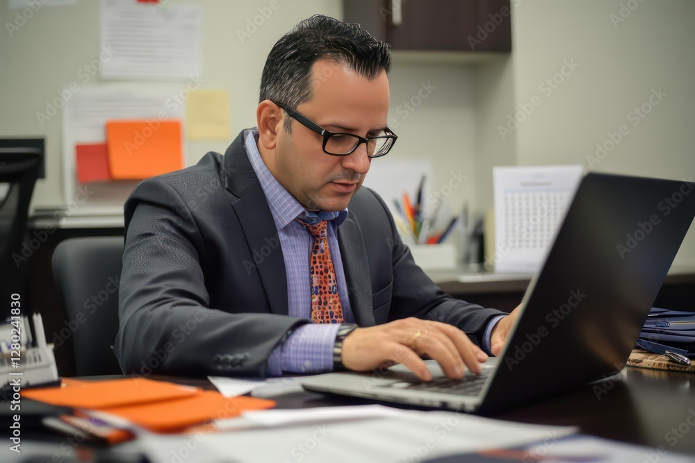 A professional man in a modern office setting, focused on his laptop screen, surrounded by business tools, documents, and a digital calendar. A professional man in a modern office setting, focused on his laptop screen, surrounded by business tools, documents, and a digital calendar.