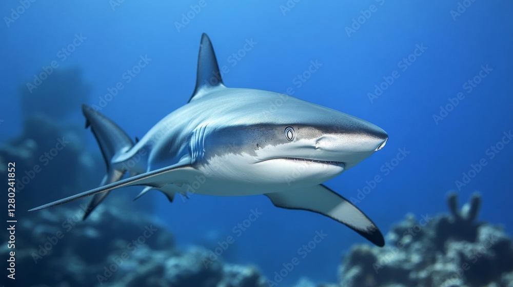 Fototapeta premium Gray Reef Shark Swimming in Blue Ocean Water