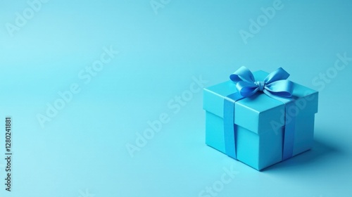 A single light blue gift box with a matching ribbon, presented against a solid backdrop of the same color, symbolizes a thoughtful present