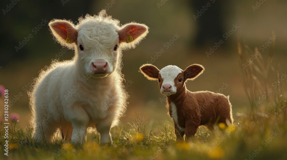 Fototapeta premium Two Adorable Calves in a Sunny Field