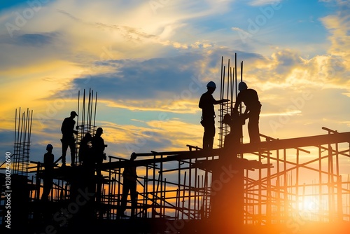 Construction workers collaborate on a building project at sunset.