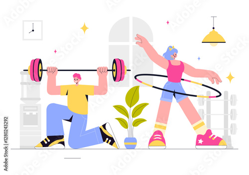 Fitness and Gym Vector Illustration Featuring Exercise, Wellness, Mental Health, Healthcare, and a Healthy Lifestyle in a Flat Style Background