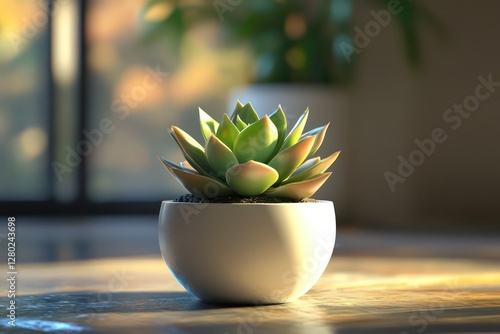 A realistic 3D model of a small succulent in a sleek white pot, with soft shadows enhancing the depth photo