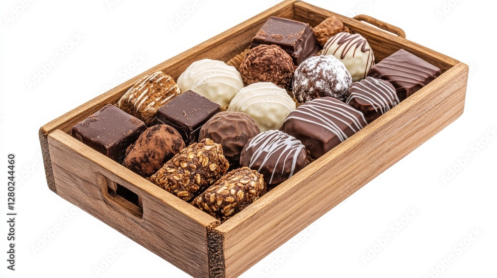 assortment of chocolates on wooden tray,truffles, dubai chocolate, pralines, and bars with different textures on white background assortment of chocolates on wooden tray,truffles, dubai chocolate, pralines, and bars with different textures on white background
