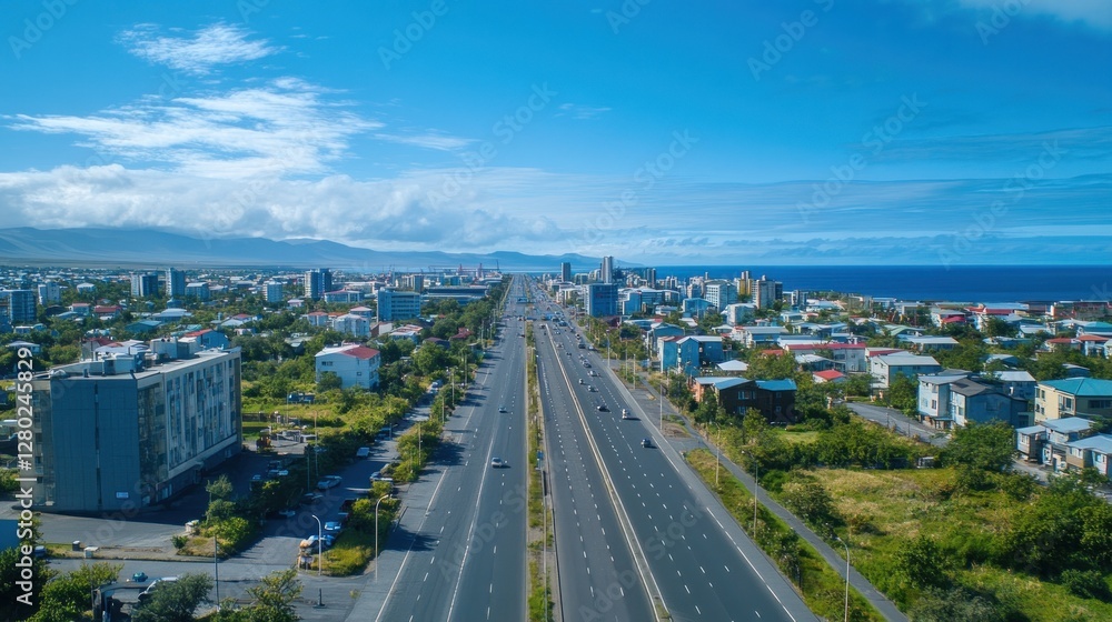 Fototapeta premium Aerial view of a coastal city with a long highway running through it, under a bright blue sky.