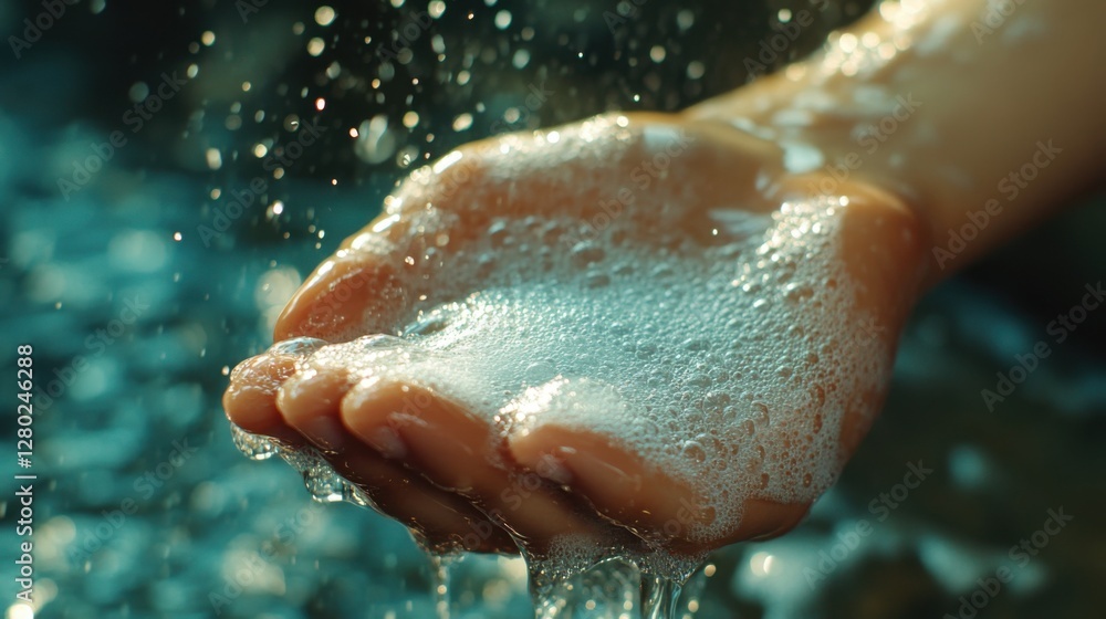 Fototapeta premium Close-up of a Hand Holding Water with Bubbles