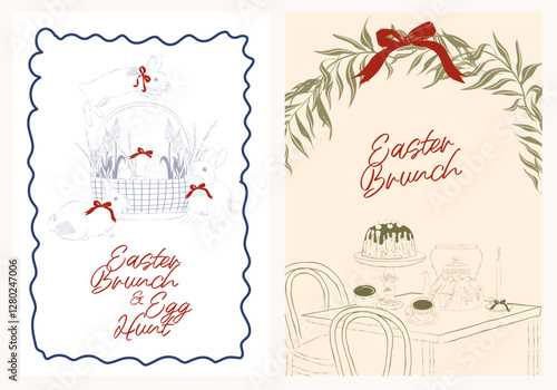Spring posters set. Easter invitation card template. Countryside line art illustration.Editable vector illustration.