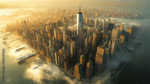 Golden cityscape panorama at sunrise urban landscape with skyscrapers illuminated by warm sunlight and city mist modern metropolitan skyline aerial view