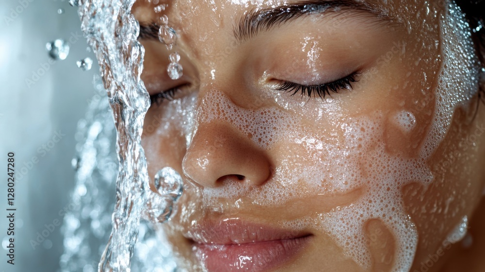 Close Up of Woman's Face with Water and Foam, Skincare and Beauty Close Up of Woman's Face with Water and Foam, Skincare and Beauty