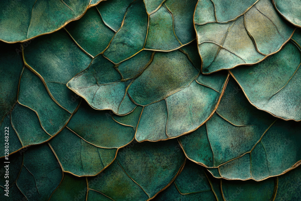 Obraz premium Intricate teal leaves with gold veining create a lush, textured pattern.