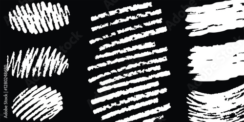 vector collection features a chalk doodle set, pencil scribble texture collection, vector punk charcoal brushstrokes, grungy hand-drawn crayon textures, lines, highlights, and underlines, all on a bla