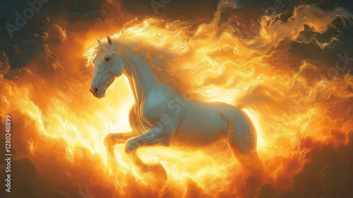 Into the Firestorm: A Brave Horse Charges Through a Blazing Landscape, Symbolizing Hope and Resilience.