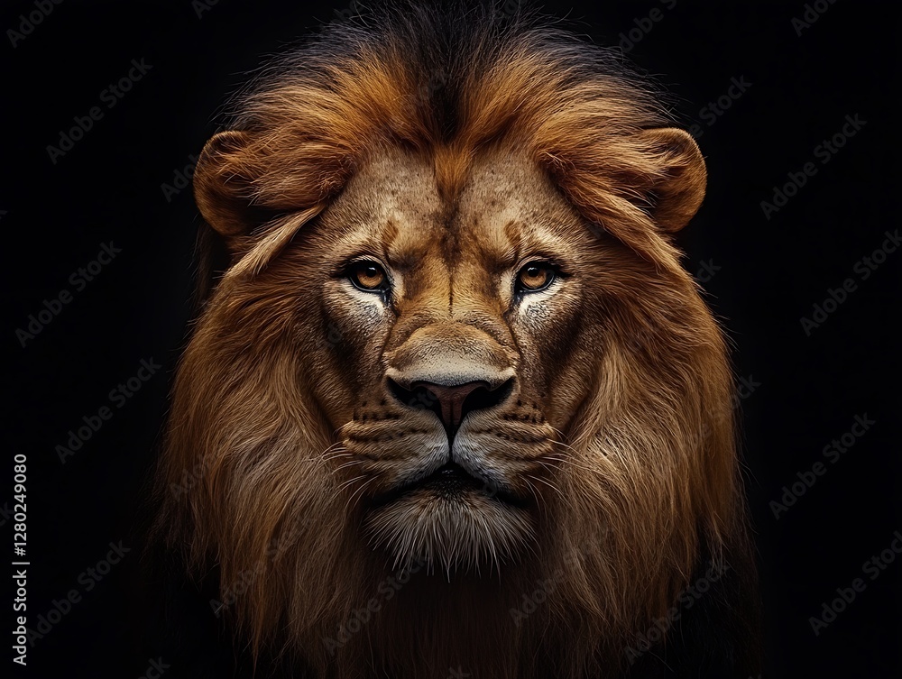 Fototapeta premium The majestic lion exhibits a powerful portrait on black background