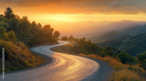 Winding Road Through Mountainous Landscape at Sunset with Lush Green Trees and Golden Light