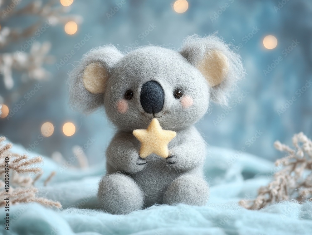 Adorable Grey Plush Koala Holding a Star Against a Blue Winter Background Adorable Grey Plush Koala Holding a Star Against a Blue Winter Background