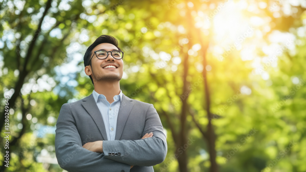 confident young businessman in suit smiles while standing outdoors in sunlit park, surrounded by lush green trees. bright sunlight creates warm and optimistic atmosphere confident young businessman in suit smiles while standing outdoors in sunlit park, surrounded by lush green trees. bright sunlight creates warm and optimistic atmosphere