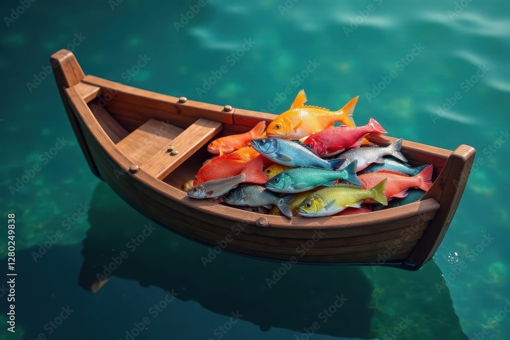 Obraz premium Small wooden boat overflowing with colorful fish, vibrant hues , coral reef, scales, tropical