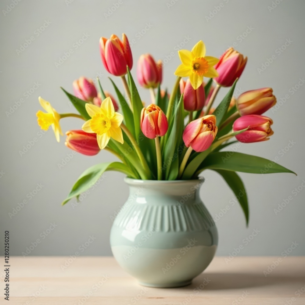 Vibrant spring tulips and narcissus in a ceramic vase on a table , narcissus, flowers, light Vibrant spring tulips and narcissus in a ceramic vase on a table , narcissus, flowers, light
