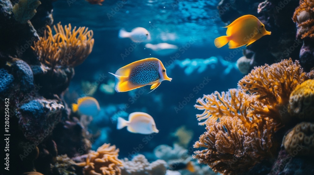 Naklejka premium Vibrant Tropical Fish and Coral Reef Underwater Scene
