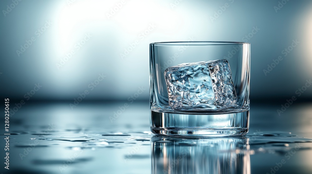 Close up of Ice Cube in Glass on Reflective Surface with Blue Tinted Lighting