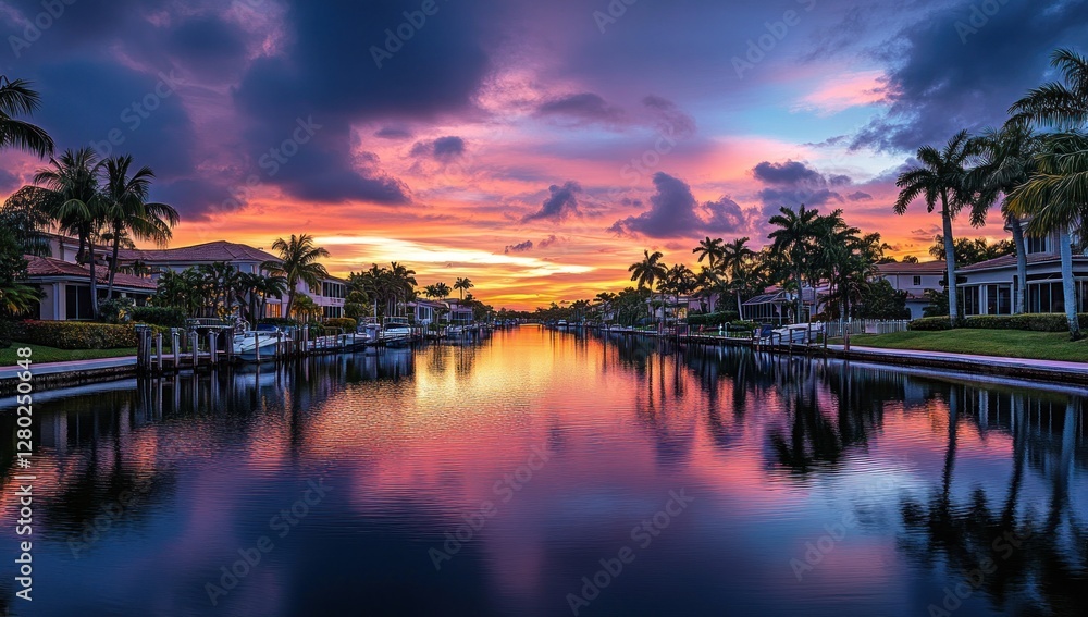 Vibrant Sunset Over Tropical Canal Waterfront Homes Vibrant Sunset Over Tropical Canal Waterfront Homes