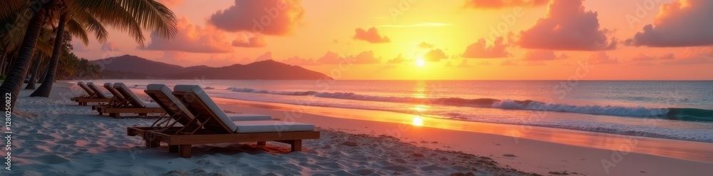 Fototapeta premium Empty lounge chairs on a sandy beach at sunset , holiday, evening, chairs