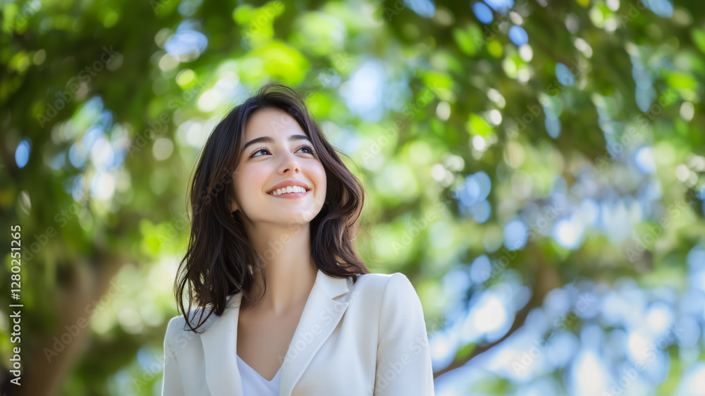 young woman in white blazer smiles while standing outdoors, surrounded by lush green trees and sunlight filtering through leaves, creating serene and joyful atmosphere young woman in white blazer smiles while standing outdoors, surrounded by lush green trees and sunlight filtering through leaves, creating serene and joyful atmosphere