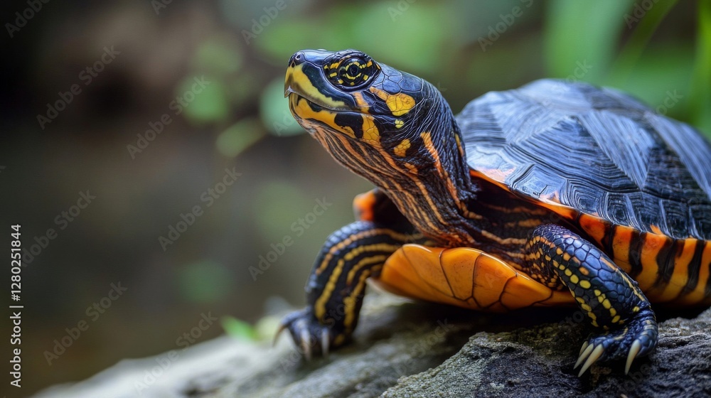 Closeup of a Black and Orange Turtle on a Rock Closeup of a Black and Orange Turtle on a Rock