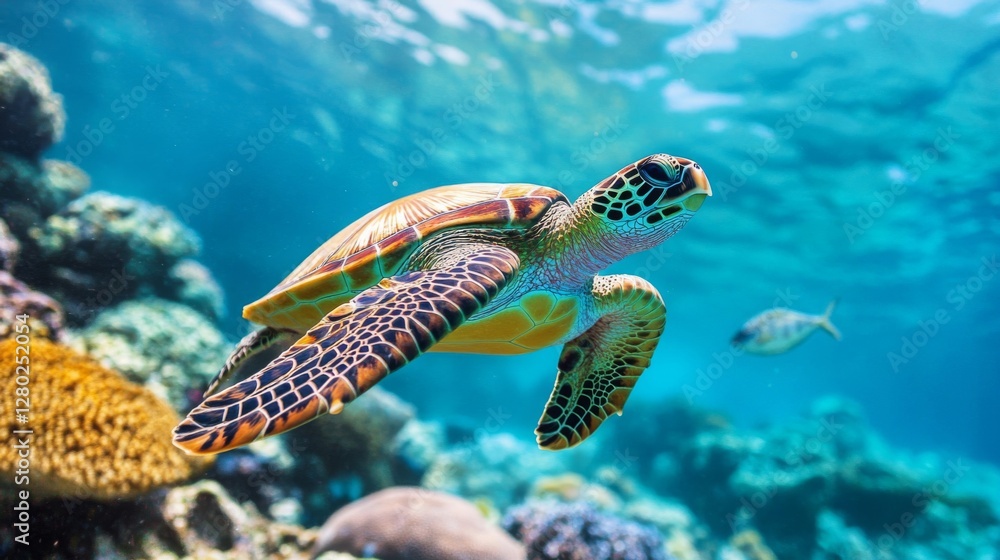 Fototapeta premium Colorful Sea Turtle Swimming in Vibrant Coral Reef