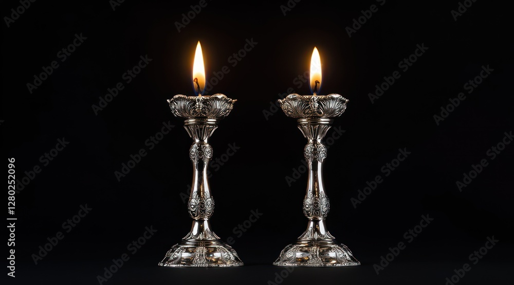 Fototapeta premium Two silver candlesticks with burning candles on black background.