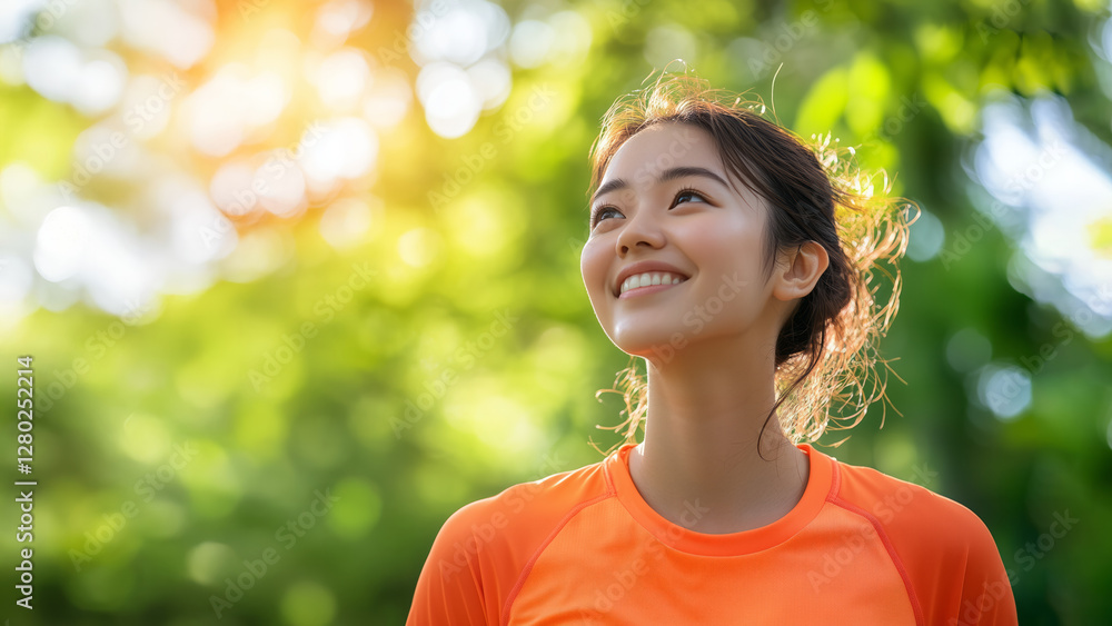 young woman in orange sports shirt smiles brightly while standing outdoors, surrounded by lush greenery and sunlight filtering through leaves, creating serene and joyful atmosphere young woman in orange sports shirt smiles brightly while standing outdoors, surrounded by lush greenery and sunlight filtering through leaves, creating serene and joyful atmosphere