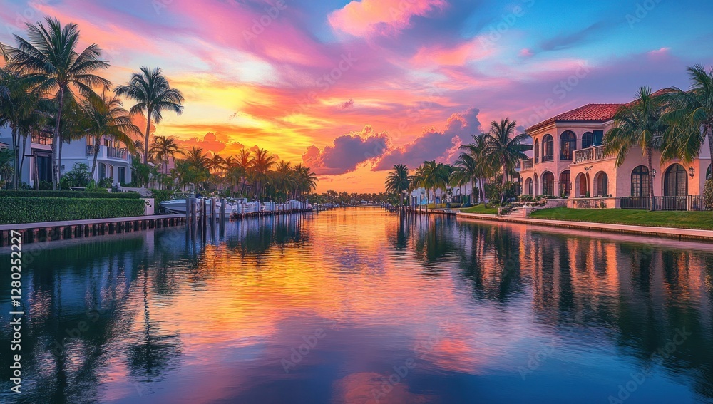 Fototapeta premium Spectacular Sunset over Luxurious Waterfront Homes