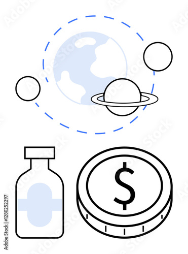 Planet with orbiting lines, medicine bottle, and coin with dollar sign. Ideal for global healthcare, medical funding, cost analysis, economy, pharmaceuticals, research abstract line flat metaphor