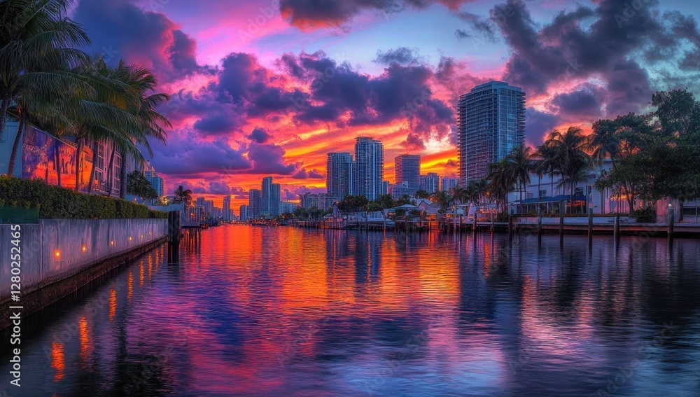Fototapeta premium Vibrant Sunset over Miami Skyline Reflection
